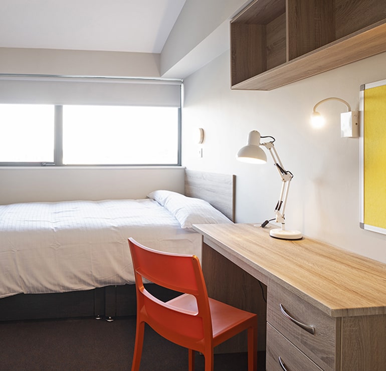 Galway Student Accommodation Apartments double bedroom with desk at Radical Edward Square